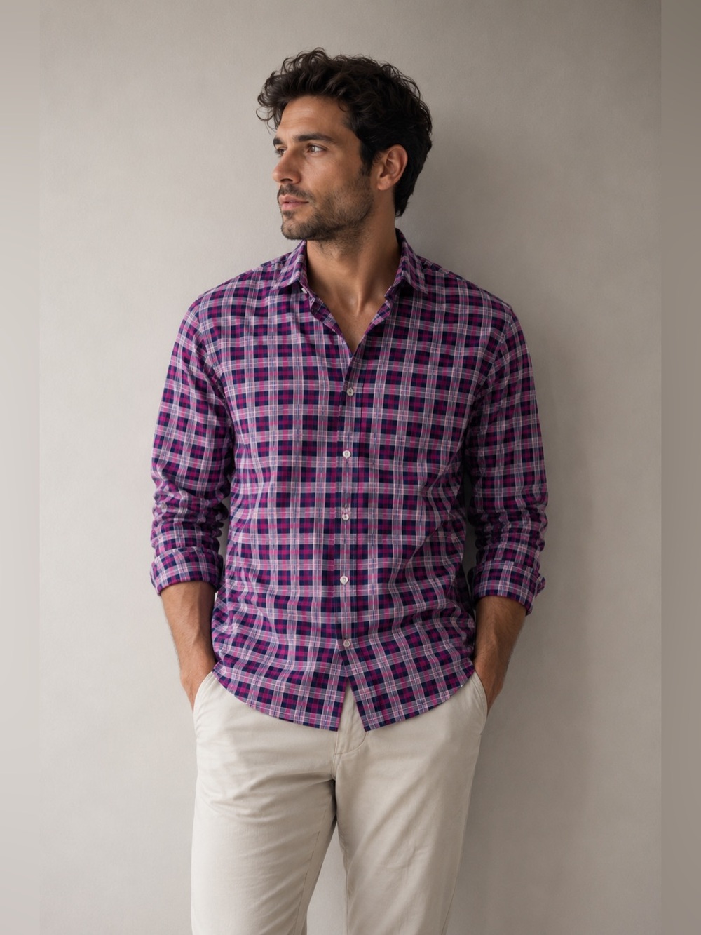 Express Fitted Pink Plaid Check Shirt Long Sleeve Button Up Cotton M 15-15 1/2